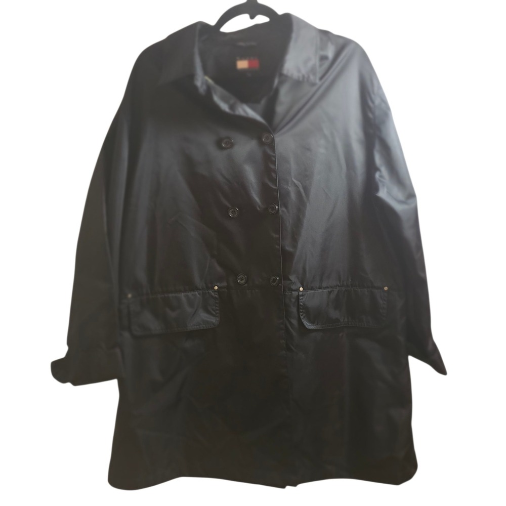 Tommy Hilfiger Black Nylon Double Breasted Trench Coat Jacket XL Vintage‎ Y2K - Picture 2 of 12